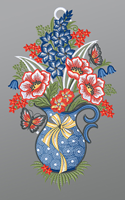 Fensterbild aus Plauener Spitze - Blumenstrau in Kanne #1W mehrfarbig