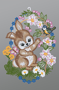 Fensterbild aus Plauener Spitze - Kleiner Hase mit Vgelchen #1W mehrfarbig