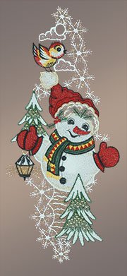 Fensterbild aus Plauener Spitze "Fröhlicher Schneemann mit Vögelchen auf der Mütze
" #1A