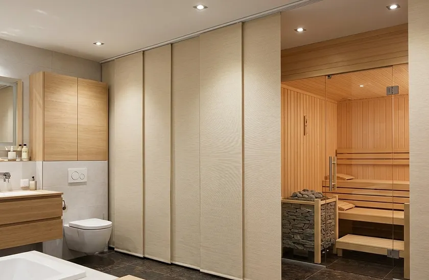 Badezimmer und Sauna mit Raumtrenner Vorhang