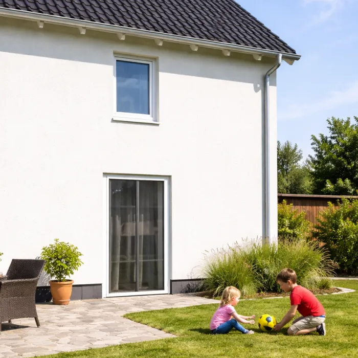 Kinder im Garten vor Terrassentür mit Fliegengitter-Lamellen zuverlässiger Insektenschutz für Balkon und Terrasse
