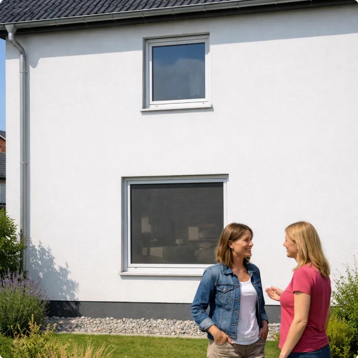 Zwei Frauen stehen vor einem Haus mit geschlossenem Fenster und Insektenschutz im Gespräch