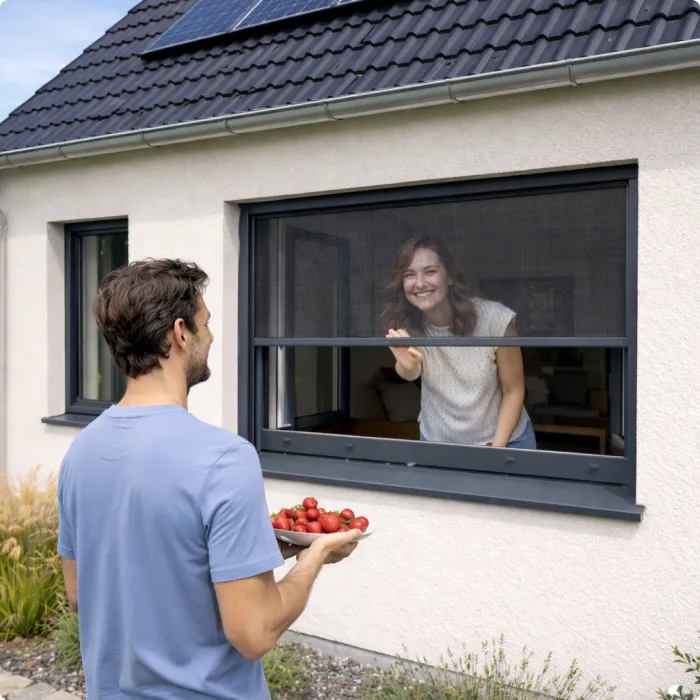 Mann übergibt einer Frau durch ein Fenster mit Insektenschutzgitter eine Schale mit Erdbeeren vor einem Haus
