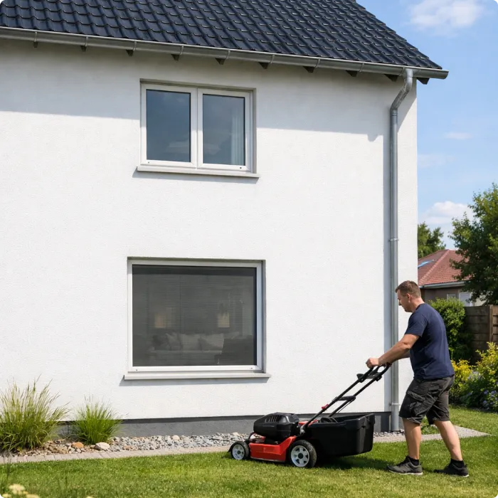 Mann mäht den Rasen vor einem Haus mit geschlossenem Fenster und Insektenschutz