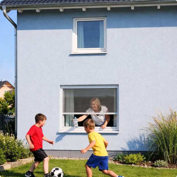 Zwei Kinder spielen Fußball vor einem Haus, während eine Frau aus dem Fenster mit Insektenschutz schaut