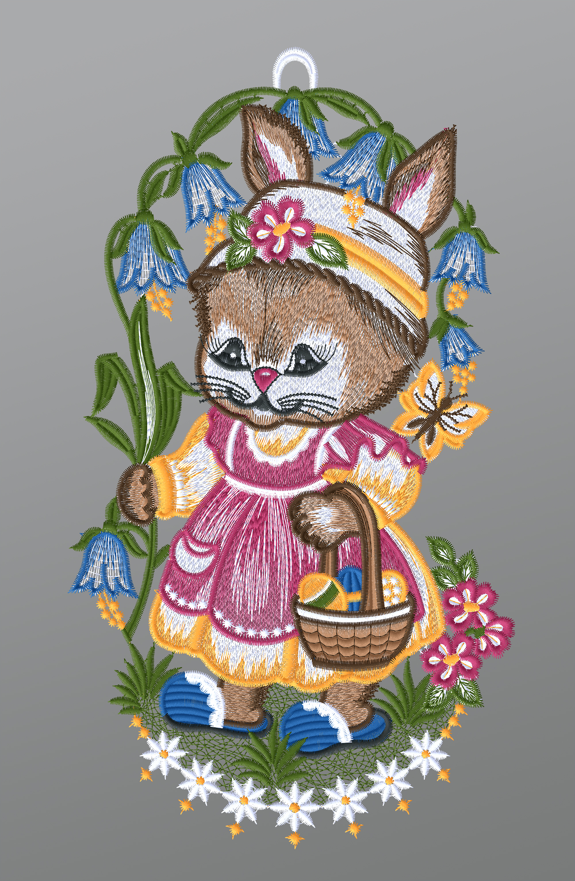 ArtikelbildFensterbild aus Plauener Spitze - Hasenmädchen mit Glockenblumen #1W mehrfarbig