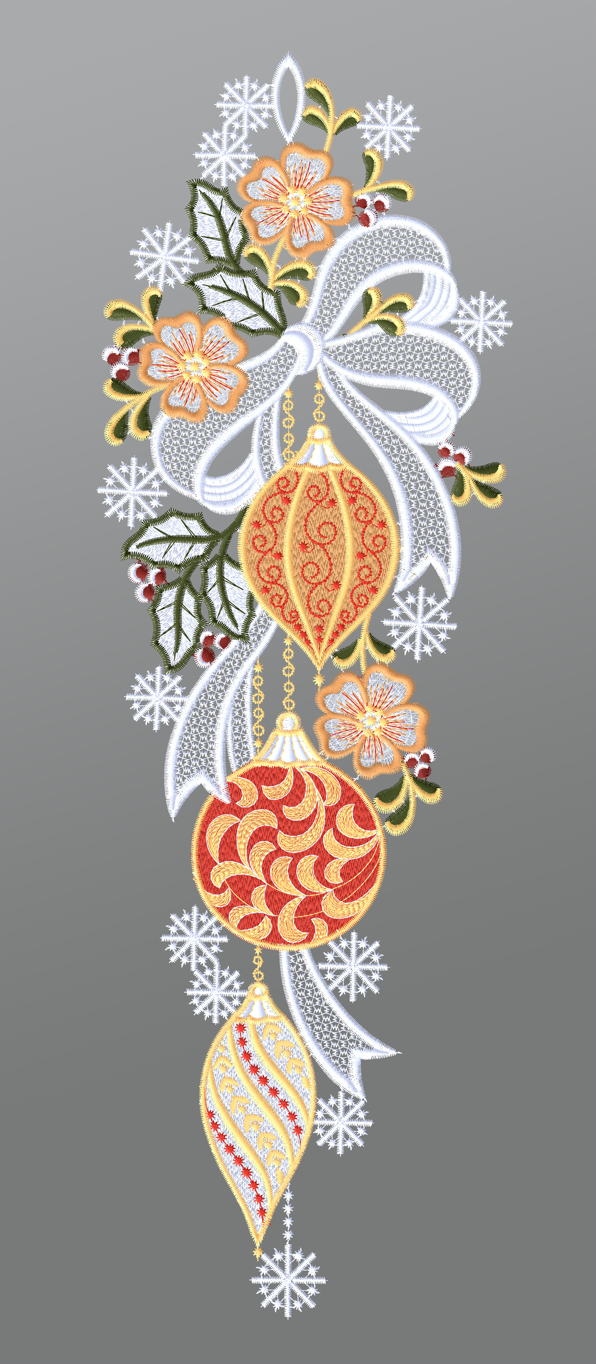 ArtikelbildFensterbild aus Plauener Spitze - Weihnachtsbaumkugeln mit Schleife #1W mehrfarbig