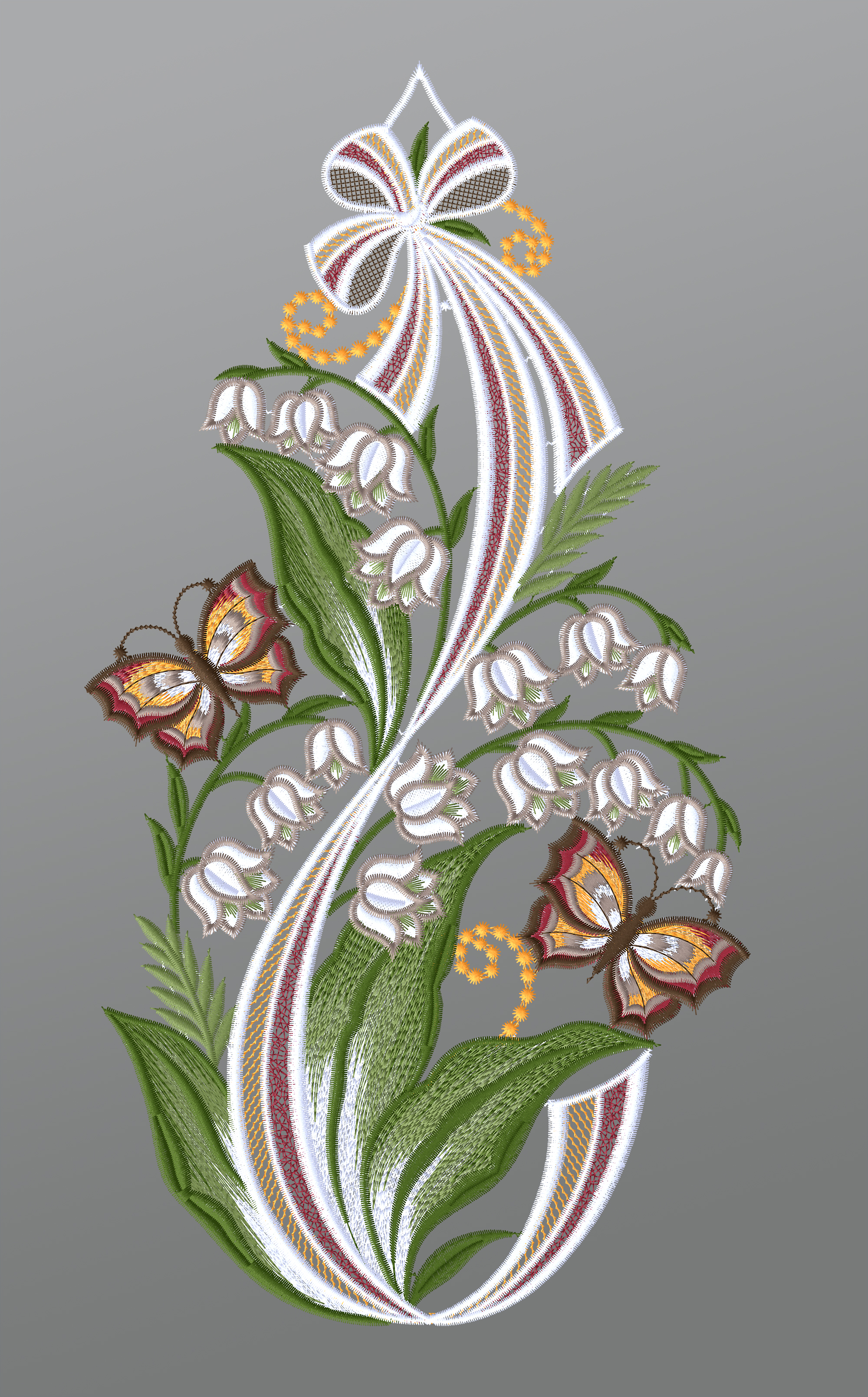 ArtikelbildFensterbild aus Plauener Spitze - Maiglöckchen mit Schmetterlingen #1W mehrfarbig