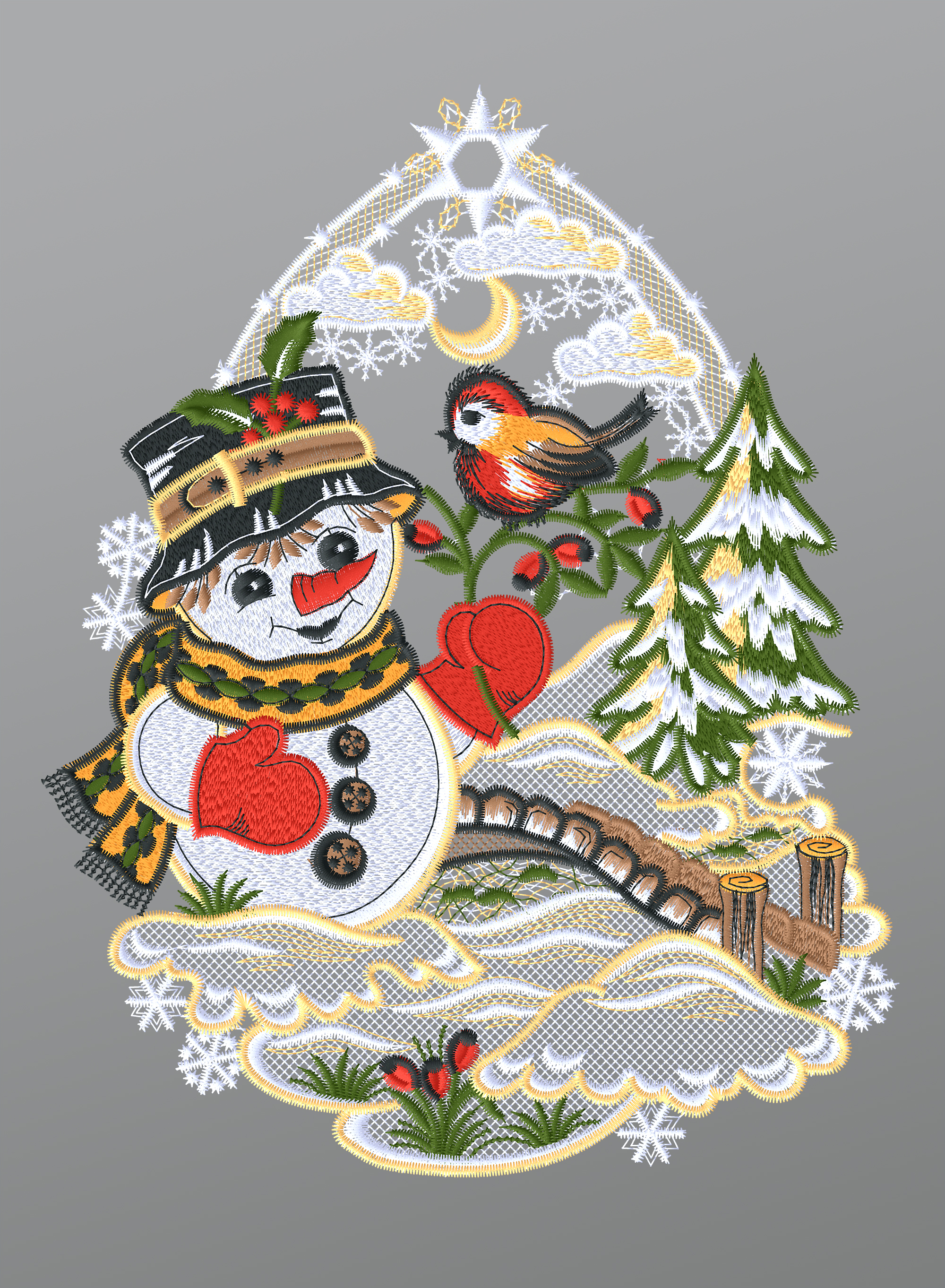 ArtikelbildFensterbild aus Plauener Spitze - Schneemann mit Vögelchen #1W mehrfarbig