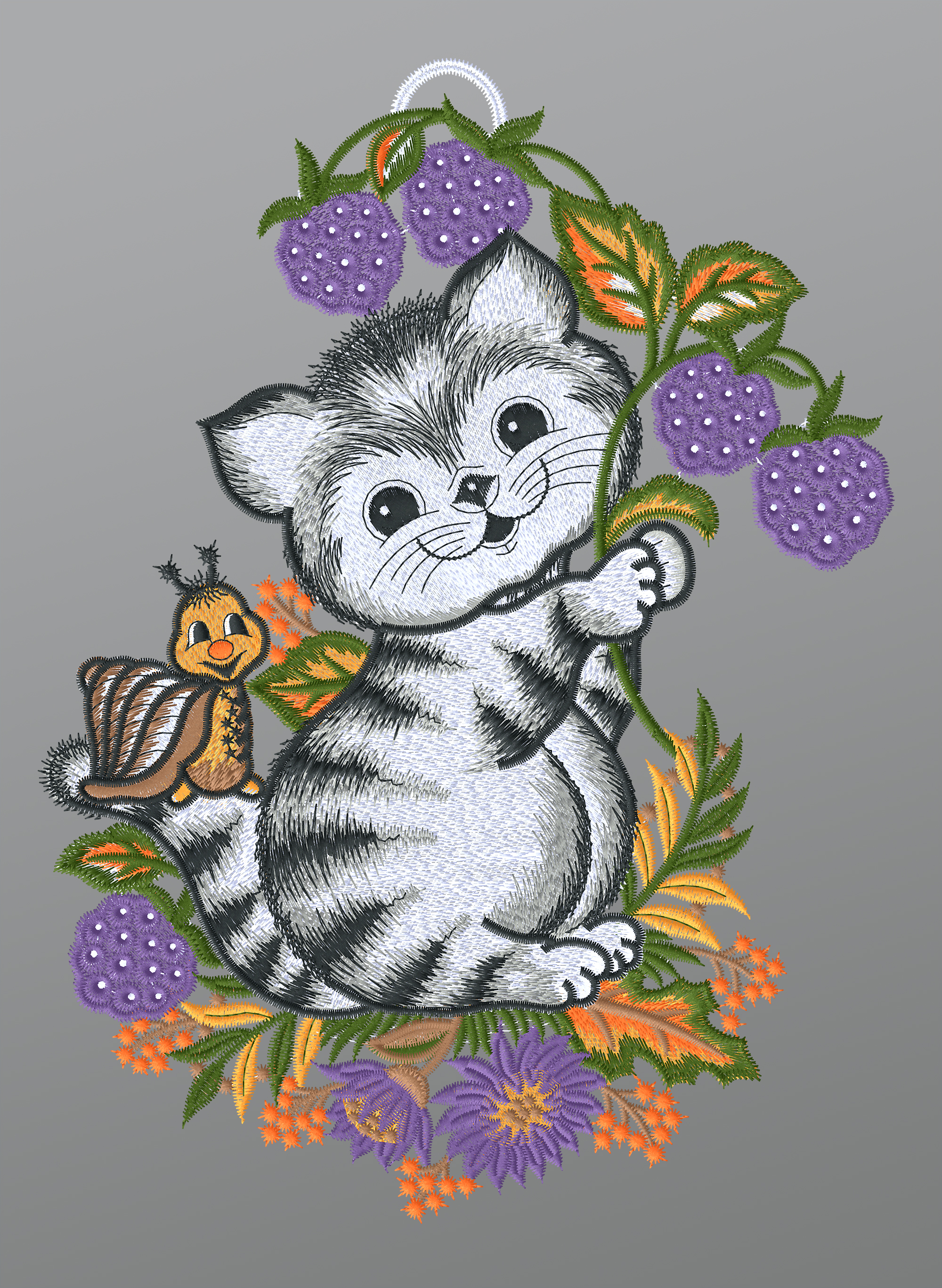 ArtikelbildFensterbild aus Plauener Spitze - Kätzchen mit Brombeeren und Schnecke #1W mehrfarbig