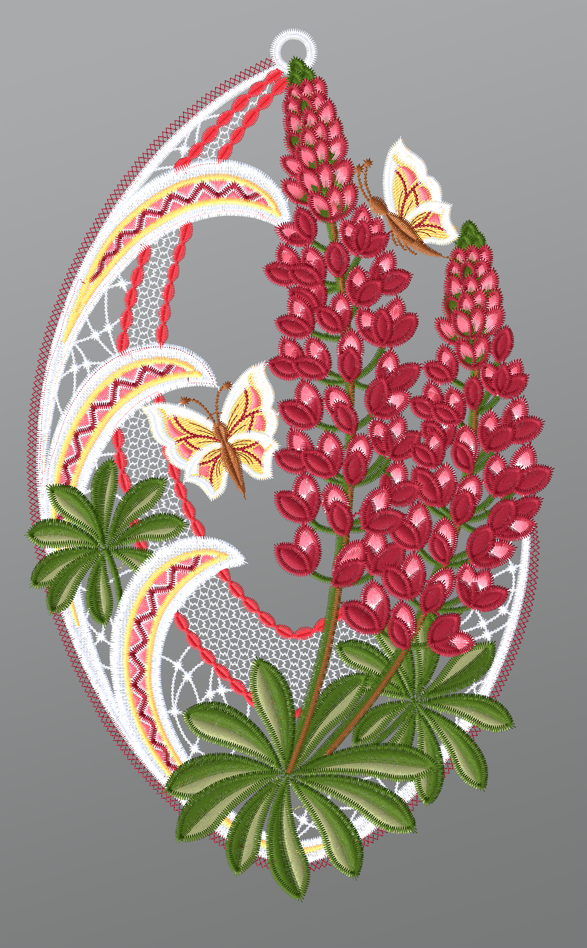 ArtikelbildFensterbild aus Plauener Spitze - Lupinen mit Schmetterlingen #1W in Rot-mehrfarbig