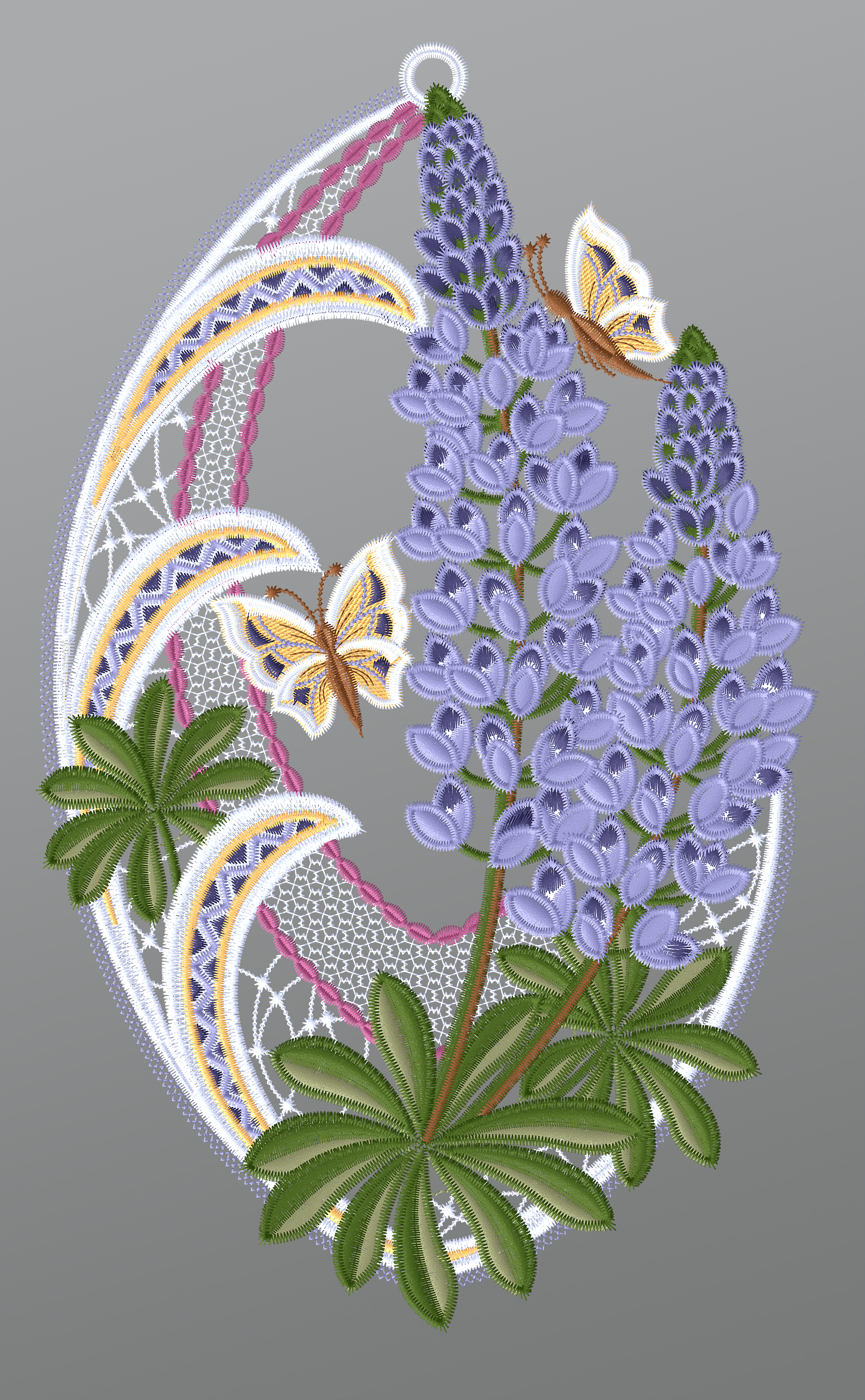 ArtikelbildFensterbild aus Plauener Spitze - Lupinen mit Schmetterlingen #1W in Violett-mehrfarbig