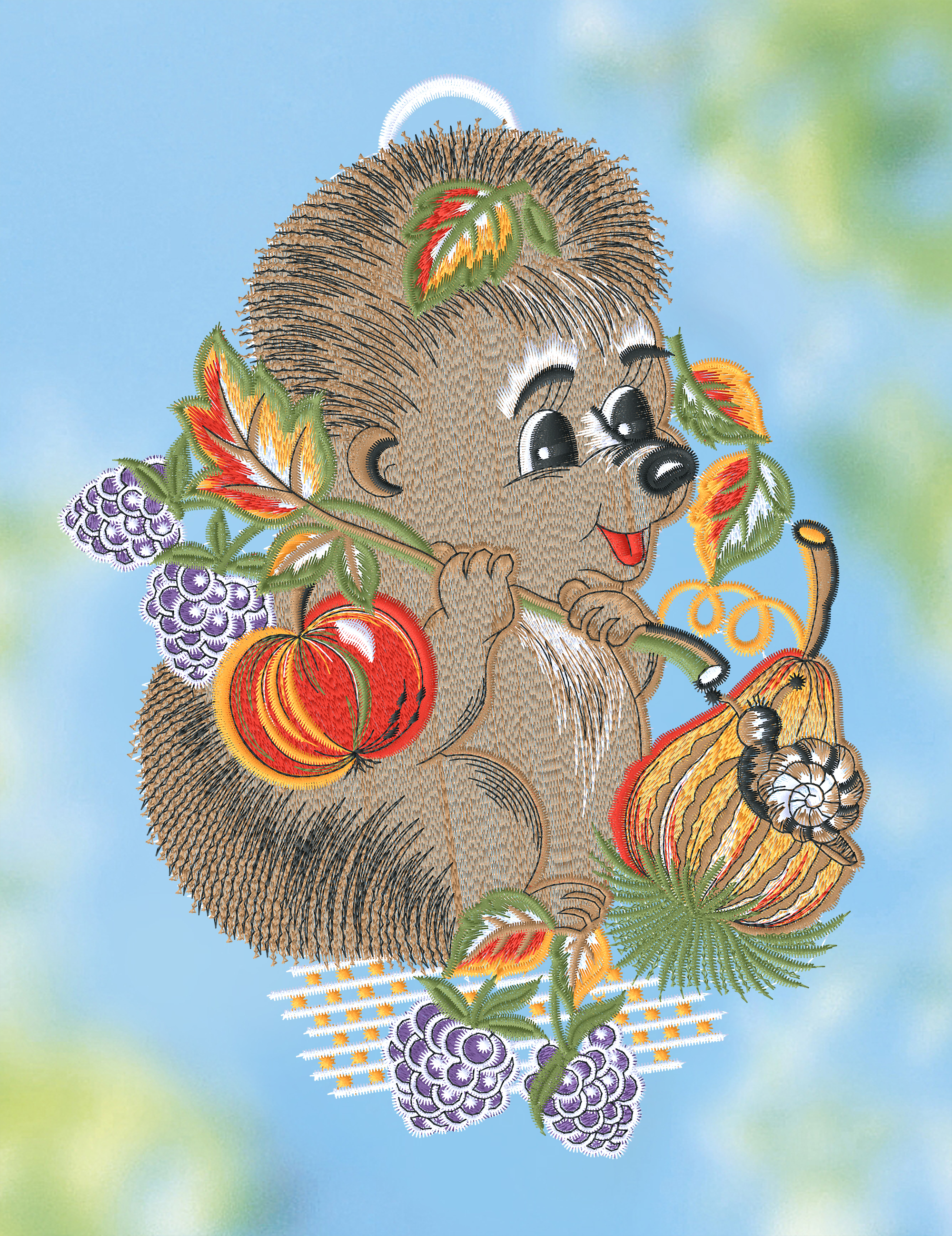 Fensterbild aus Plauener Spitze - Igel mit Brombeeren und Schnecke - Bild 2 von 2