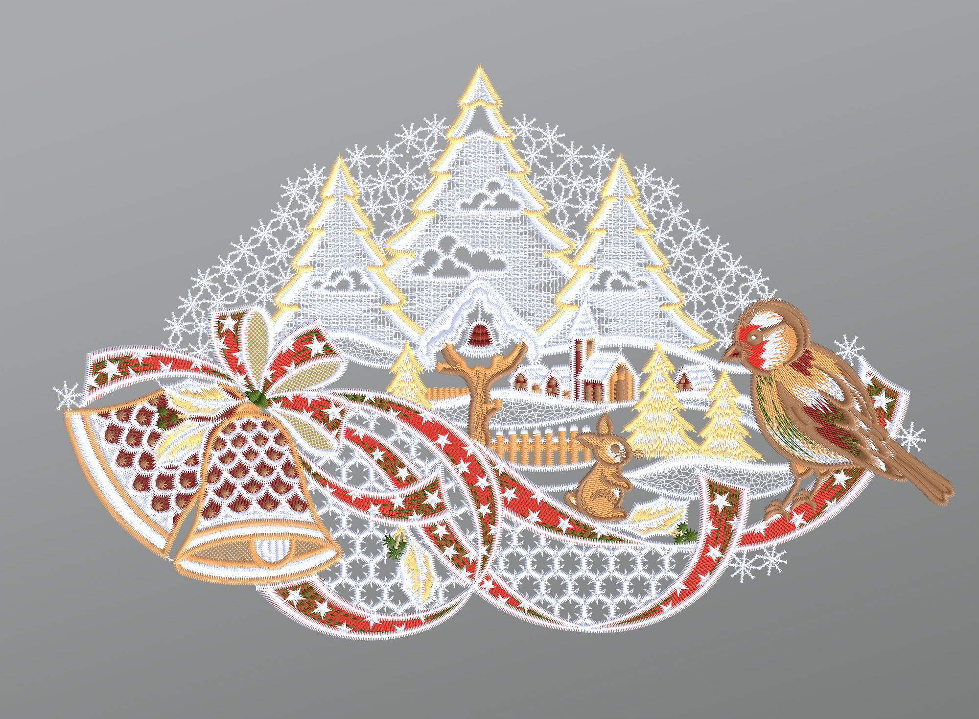 ArtikelbildFensterbild aus Plauener Spitze - Winterlandschaft mit Vogel und Glocken #1W mehrfarbig