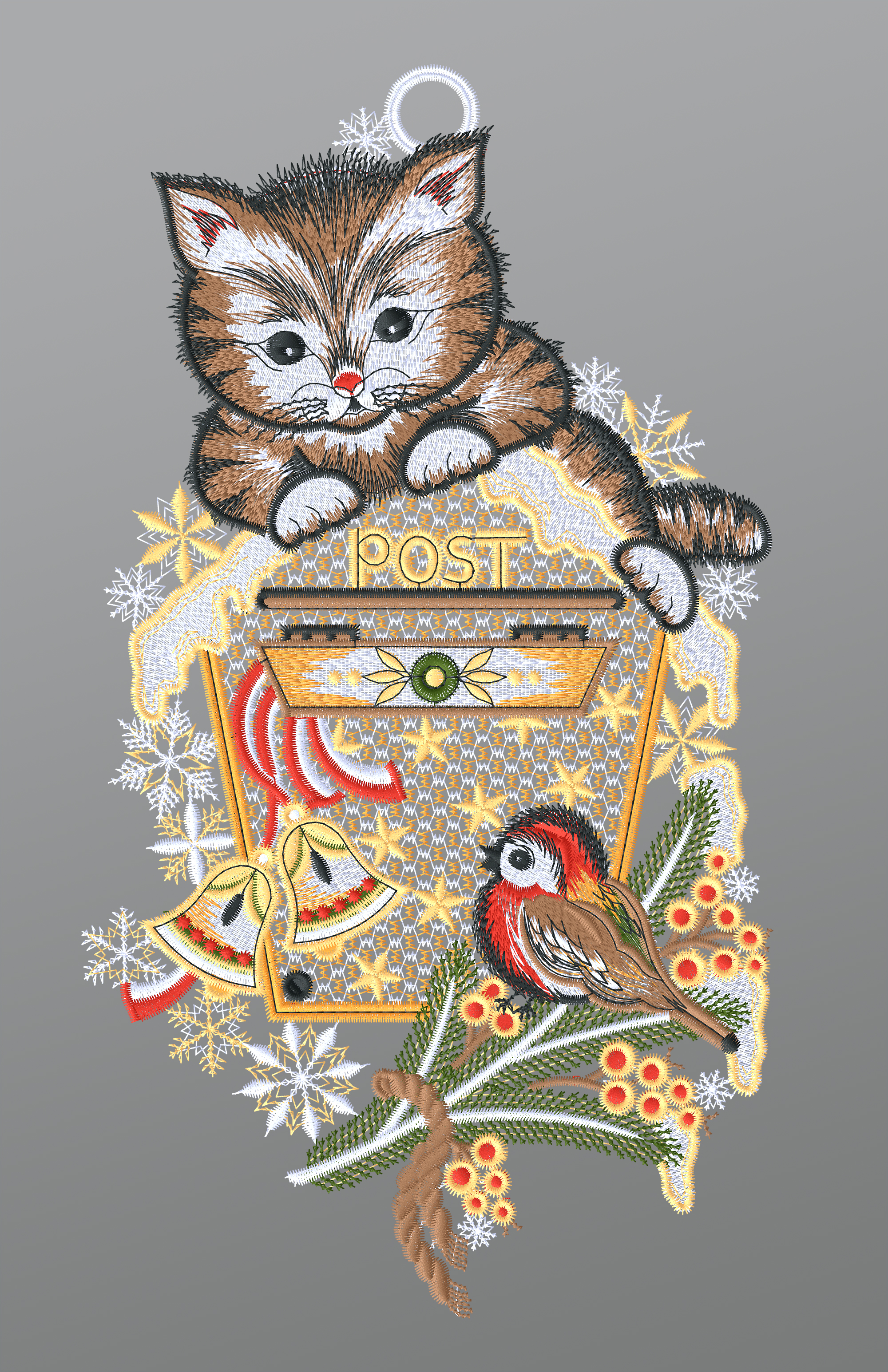 ArtikelbildFensterbild aus Plauener Spitze - Kätzchen mit Vogel und Briefkasten #1W mehrfarbig