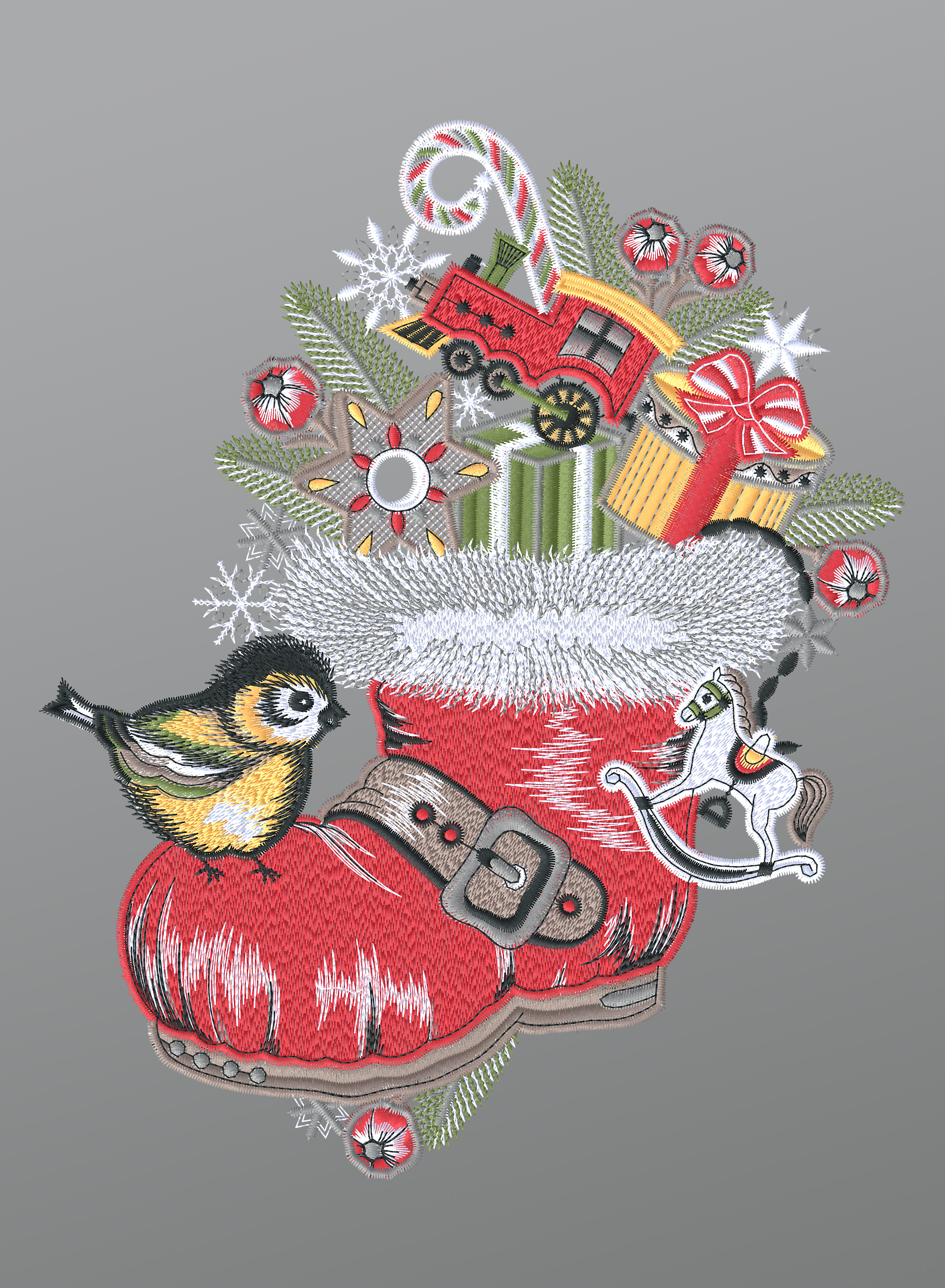 ArtikelbildFensterbild aus Plauener Spitze - Nikolausstiefel mit Vögelchen #1W mehrfarbig