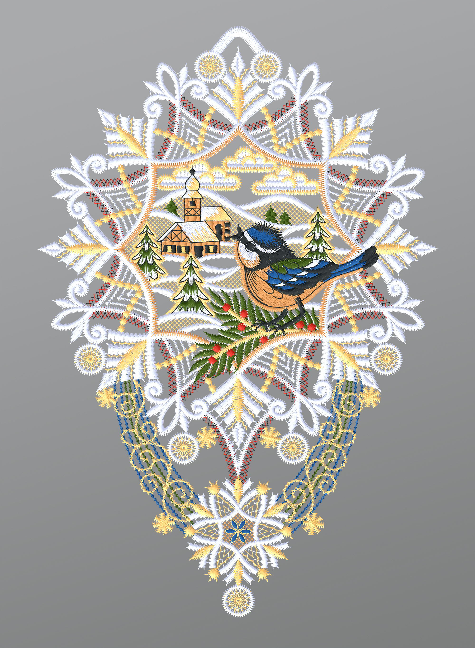 ArtikelbildFensterbild aus Plauener Spitze - Blaumeise mit Kapelle und Stern #1W mehrfarbig