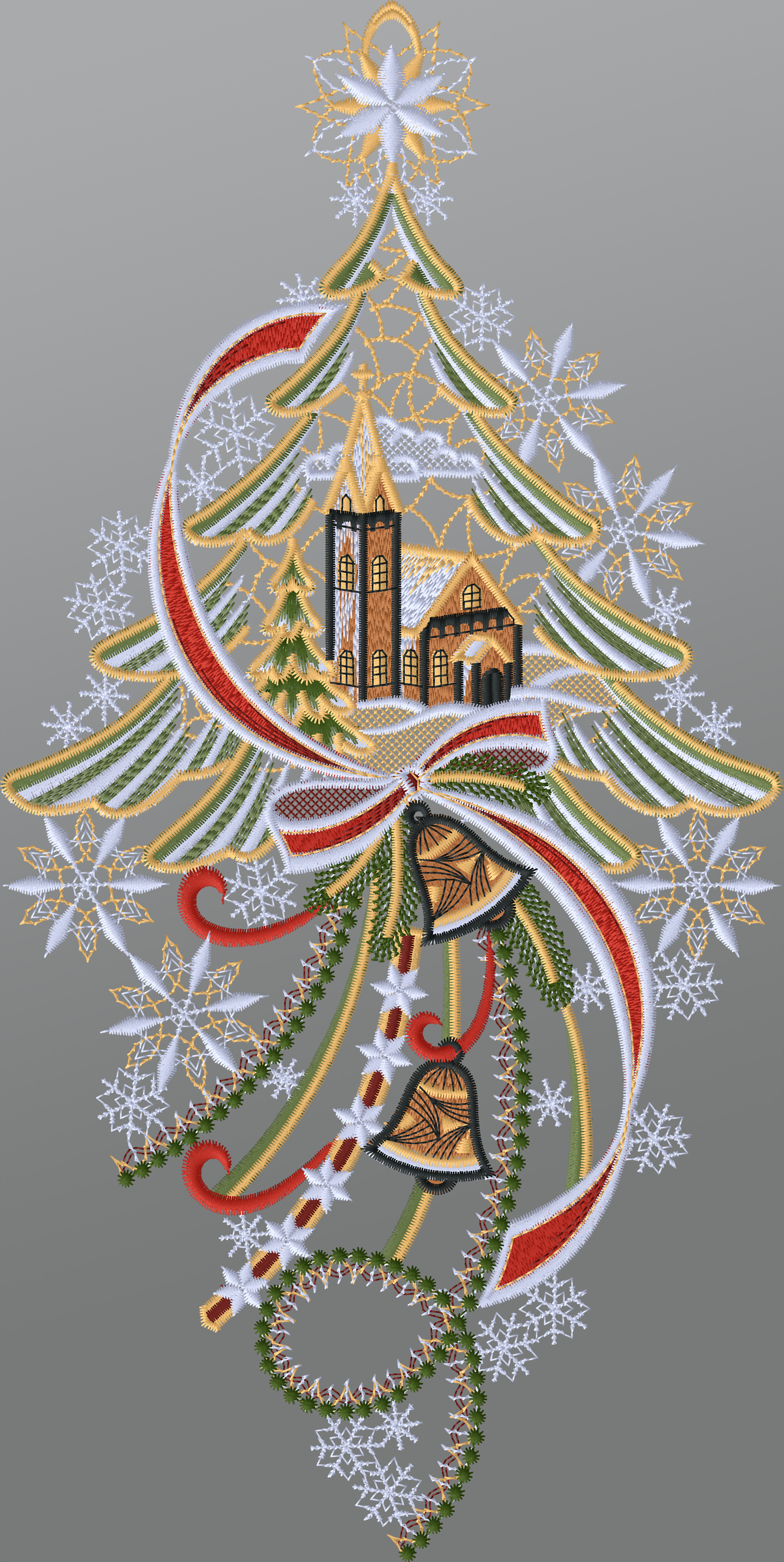 ArtikelbildFensterbild aus Plauener Spitze - Kirche mit Tannenbaum und Glocken #1W mehrfarbig