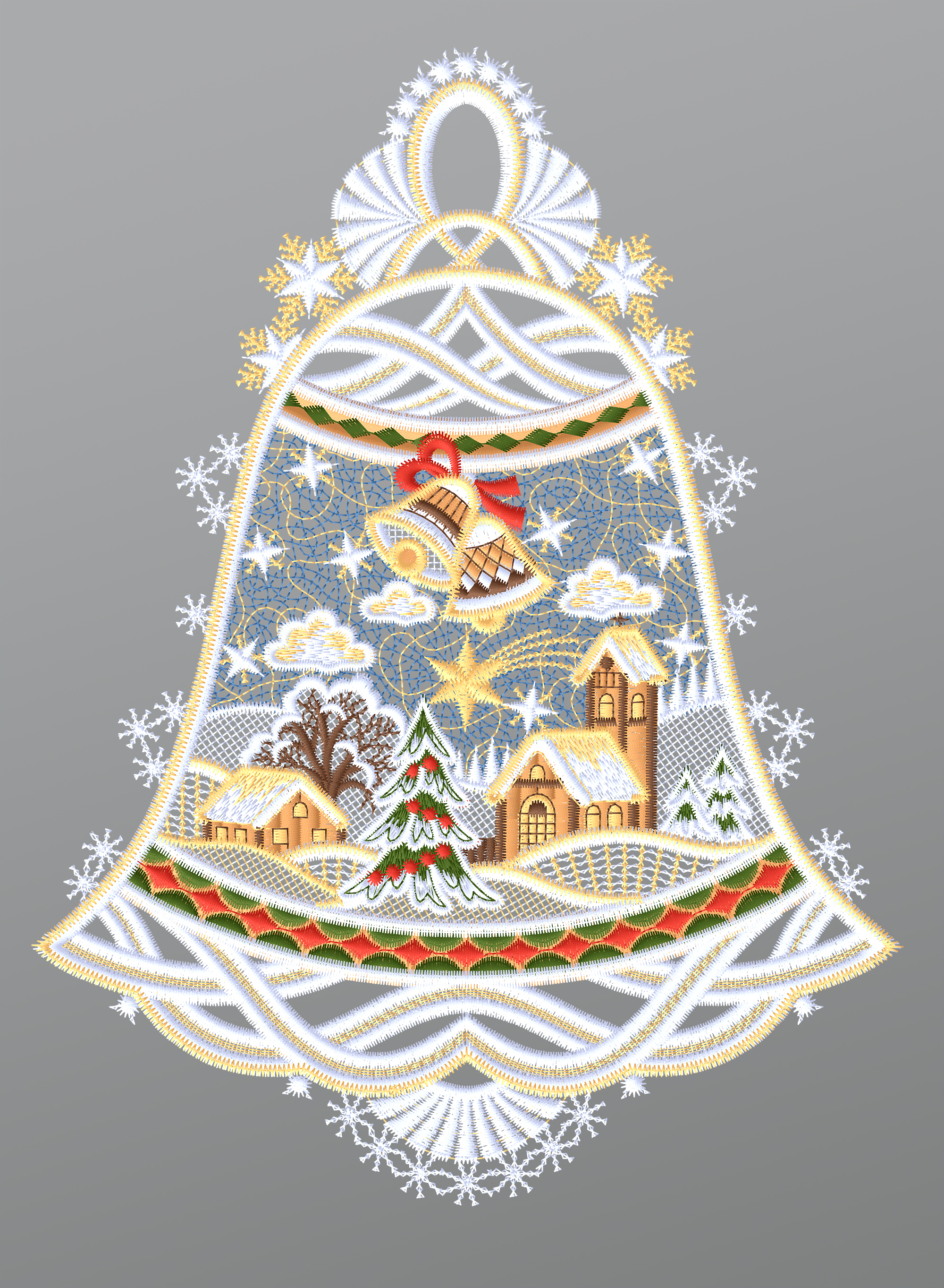 ArtikelbildFensterbild aus Plauener Spitze - Glocke mit Winterszene #1W mehrfarbig