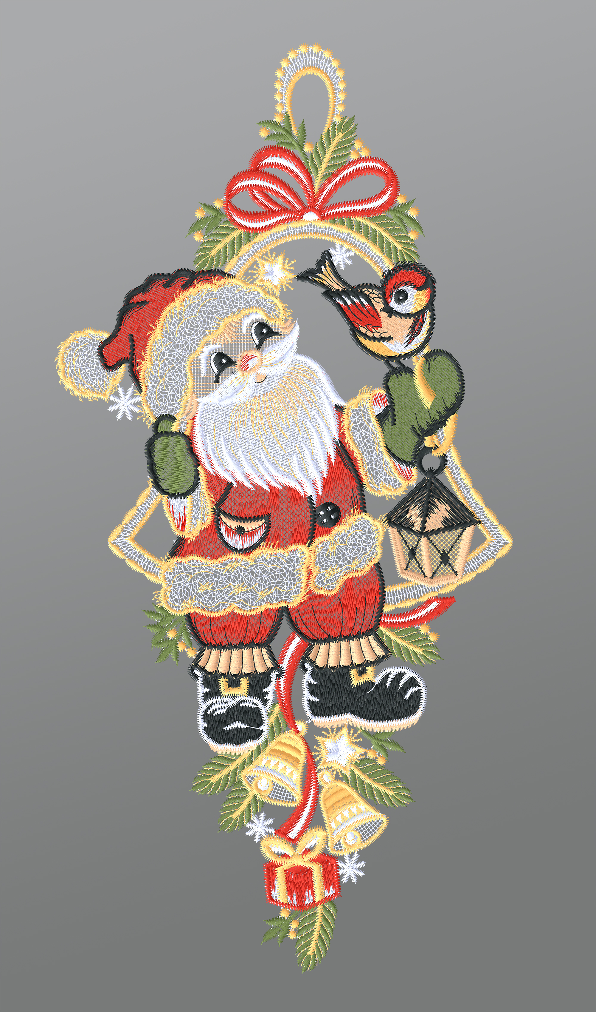 ArtikelbildFensterbild aus Plauener Spitze - Weihnachtsmann mit Vögelchen #1W mehrfarbig
