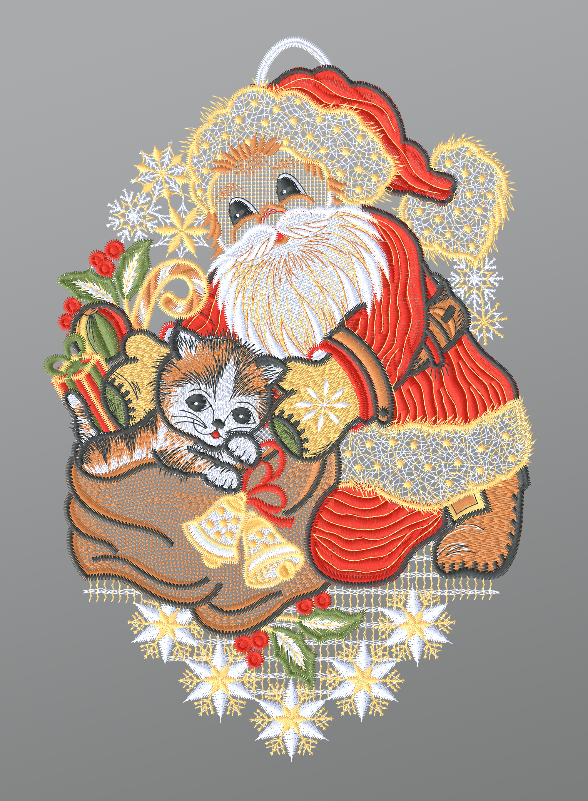 ArtikelbildFensterbild aus Plauener Spitze - Weihnachtsmann mit Kätzchen #1W mehrfarbig