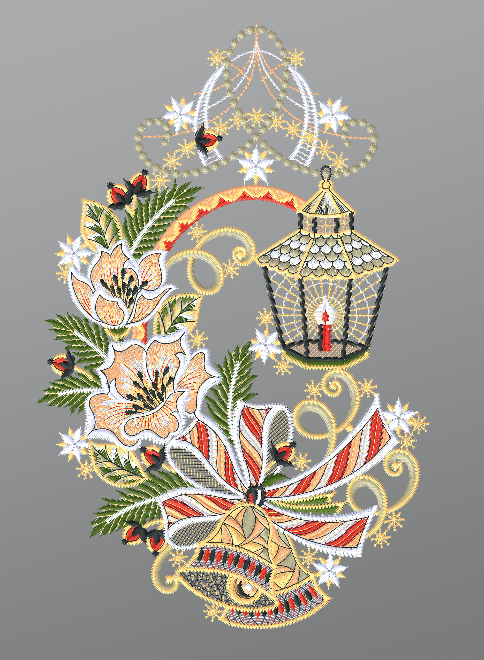 ArtikelbildFensterbild aus Plauener Spitze - Laterne mit Christrosen #1W mehrfarbig