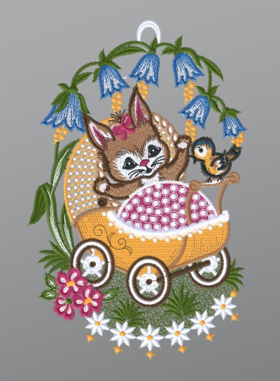 ArtikelbildFensterbild aus Plauener Spitze® - Hasenbaby im Kinderwagen #1W mehrfarbig