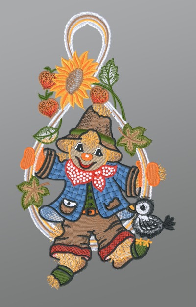 ArtikelbildFensterbild aus Plauener Spitze - Vogelscheuche mit Herbstlaub und Vgelchen #1W mehrfarbig
