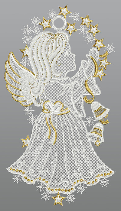 ArtikelbildFensterbild aus Plauener Spitze® - Engel mit Glöckchen #1W Gold