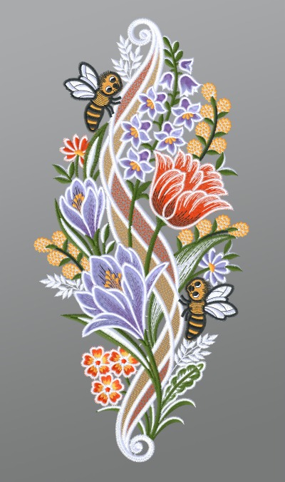 ArtikelbildFensterbild aus Plauener Spitze - Lilien mit Bienen #1W mehrfarbig
