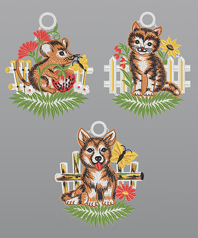 ArtikelbildFensterbilder aus Plauener Spitze® - 3er SET Putziges Tiertrio #1W mehrfarbig