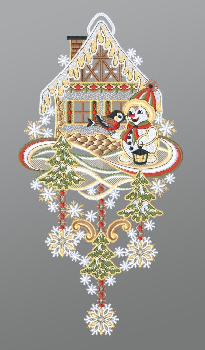 ArtikelbildFensterbild aus Plauener Spitze® - Schneemann mit Winterhäuschen #1W mehrfarbig