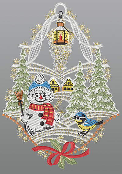 ArtikelbildFensterbild aus Plauener Spitze® - Schneemann in Winterlandschaft #1W mehrfarbig