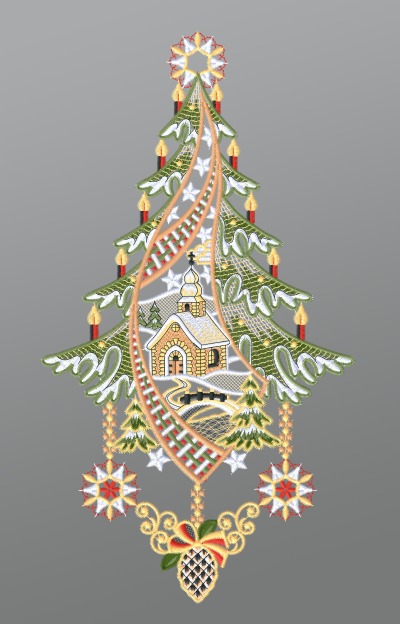 ArtikelbildFensterbild aus Plauener Spitze - Kirche mit Winterlandschaft und Tannenbaum #1W mehrfarbig