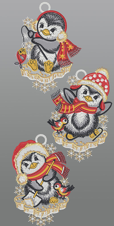 ArtikelbildFensterbilder aus Plauener Spitze® - 3er SET Lustiges Pinguintrio #1W rot/mehrfarbig