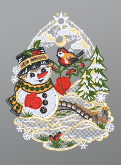 ArtikelbildFensterbild aus Plauener Spitze - Schneemann mit Vgelchen #1W mehrfarbig