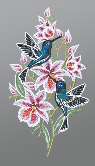 ArtikelbildFensterbild aus Plauener Spitze - Kolibris mit Orchideen #1W mehrfarbig