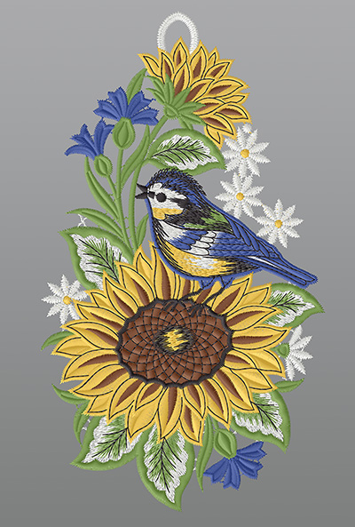 ArtikelbildFensterbild aus Plauener Spitze® - Blaumeise auf Sonnenblume #1W mehrfarbig