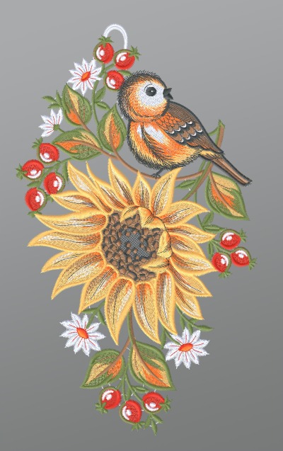ArtikelbildFensterbild aus Plauener Spitze - Sonnenblume mit Vgelchen #1W mehrfarbig