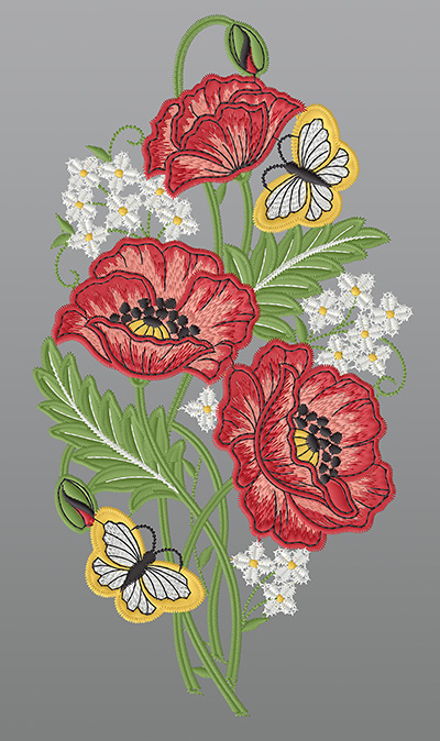 ArtikelbildFensterbild aus Plauener Spitze® - Mohnblumen mit Schmetterlingen #1W mehrfarbig
