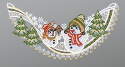 ArtikelbildFensterbild aus Plauener Spitze - Schneemann Duo mit Vogelhaus #1W mehrfarbig