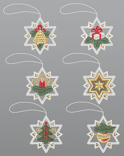ArtikelbildFensterbilder aus Plauener Spitze® - 6er SET Weihnachtliche Sterne #1W mehrfarbig