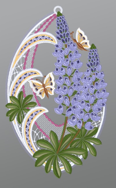 ArtikelbildFensterbild aus Plauener Spitze - Lupinen mit Schmetterlingen #1W in Violett-mehrfarbig