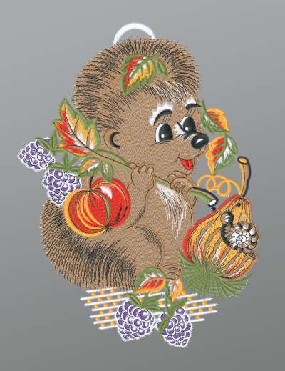 ArtikelbildFensterbild aus Plauener Spitze - Igel mit Brombeeren und Schnecke #1W mehrfarbig