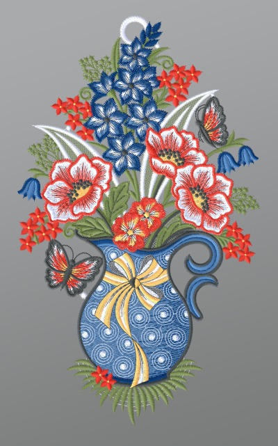 ArtikelbildFensterbild aus Plauener Spitze - Blumenstrau in Kanne #1W mehrfarbig