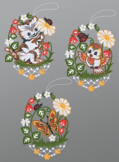 ArtikelbildFensterbilder aus Plauener Spitze - 3er SET Tierisches Trio #1W mehrfarbig