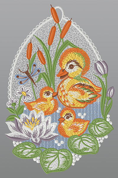 ArtikelbildFensterbild aus Plauener Spitze® - Entenfamilie im Teich #1W mehrfarbig