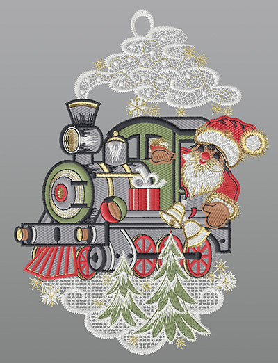 ArtikelbildFensterbild aus Plauener Spitze® - Weihnachtsmann in Lokomotive #1W mehrfarbig