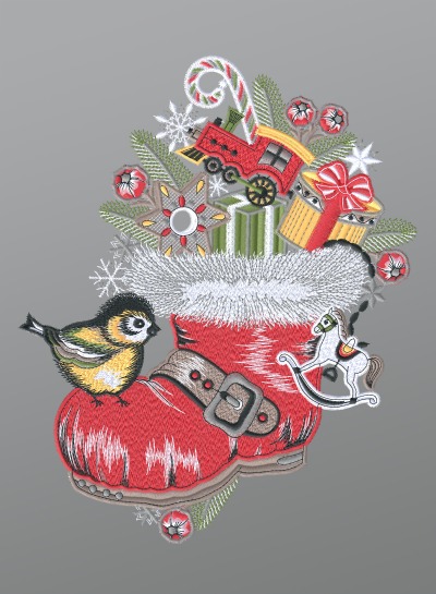 ArtikelbildFensterbild aus Plauener Spitze - Nikolausstiefel mit Vgelchen #1W mehrfarbig