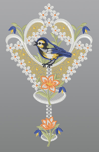 ArtikelbildFensterbild aus Plauener Spitze® - Blaumeise mit Blumenornament #1W mehrfarbig